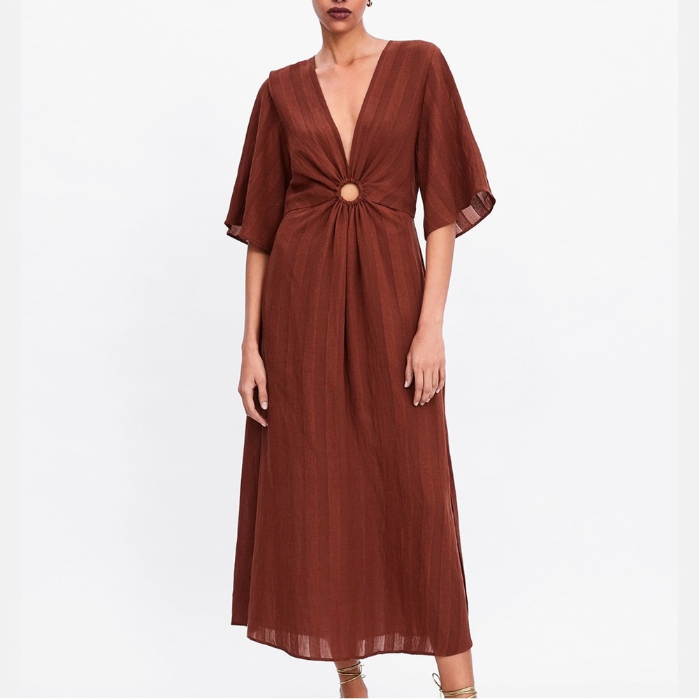 ZARA Rust Keyhole Boho V Neck Midi Dress, Size Small